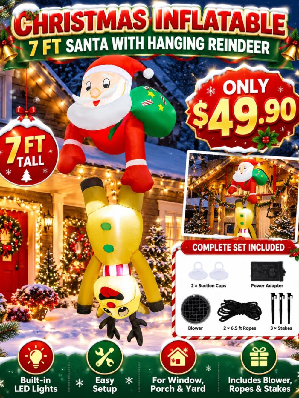 Blow Up Santa Claus Reindeer for Window, Xmas Inflatables with LED Lights